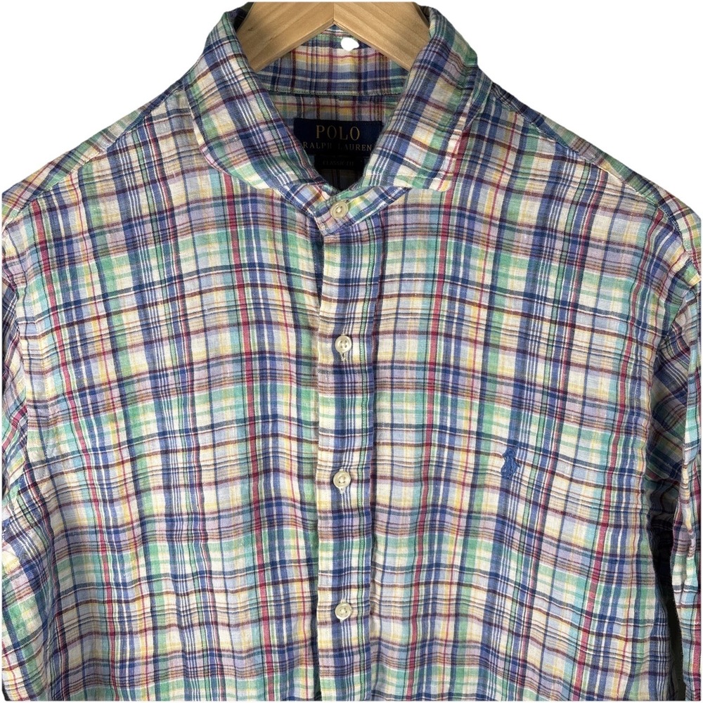 Polo Ralph Lauren Shirt Mens Large Plaid 100 Linen Preppy Logo Classic Fit